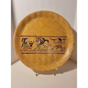 Vintage Woven Bamboo Handpainted Tray Egyptian Mid Eastern Design MCM